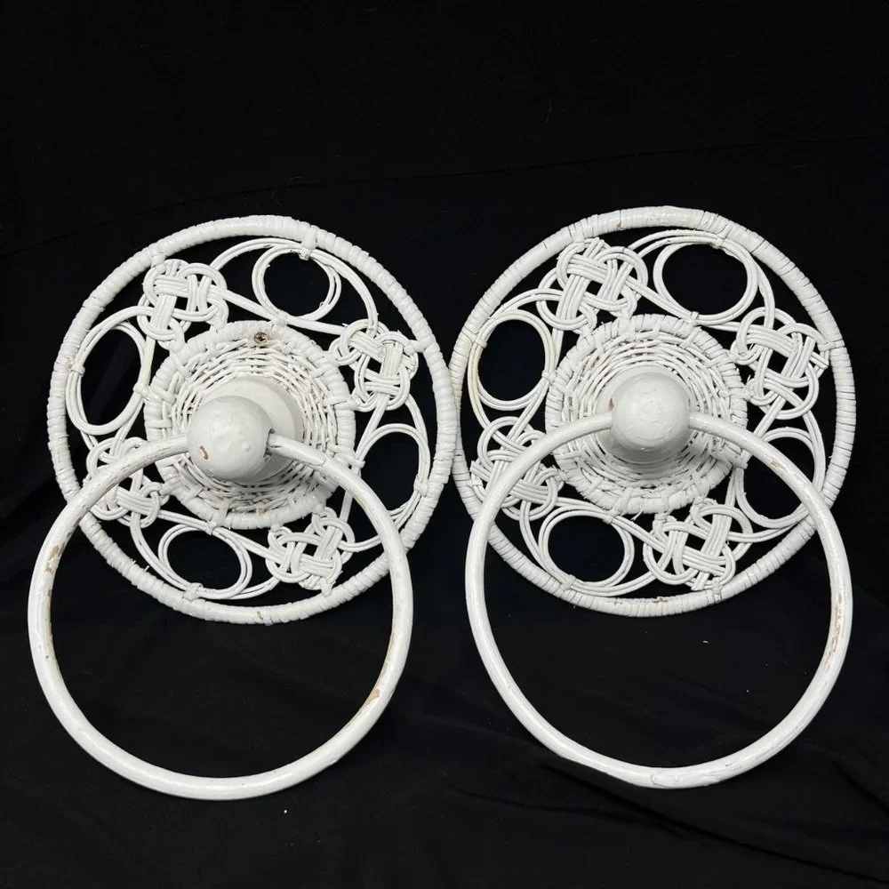 Pair of Wicker Rattan Round Wall Mount Towel Ring White‎ - Vintage Used